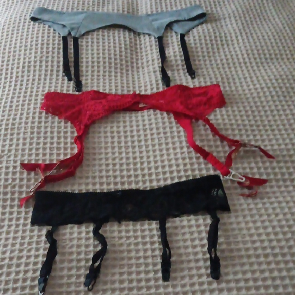 Elegant Red, Black, and Gray Lace Garter Belt Set